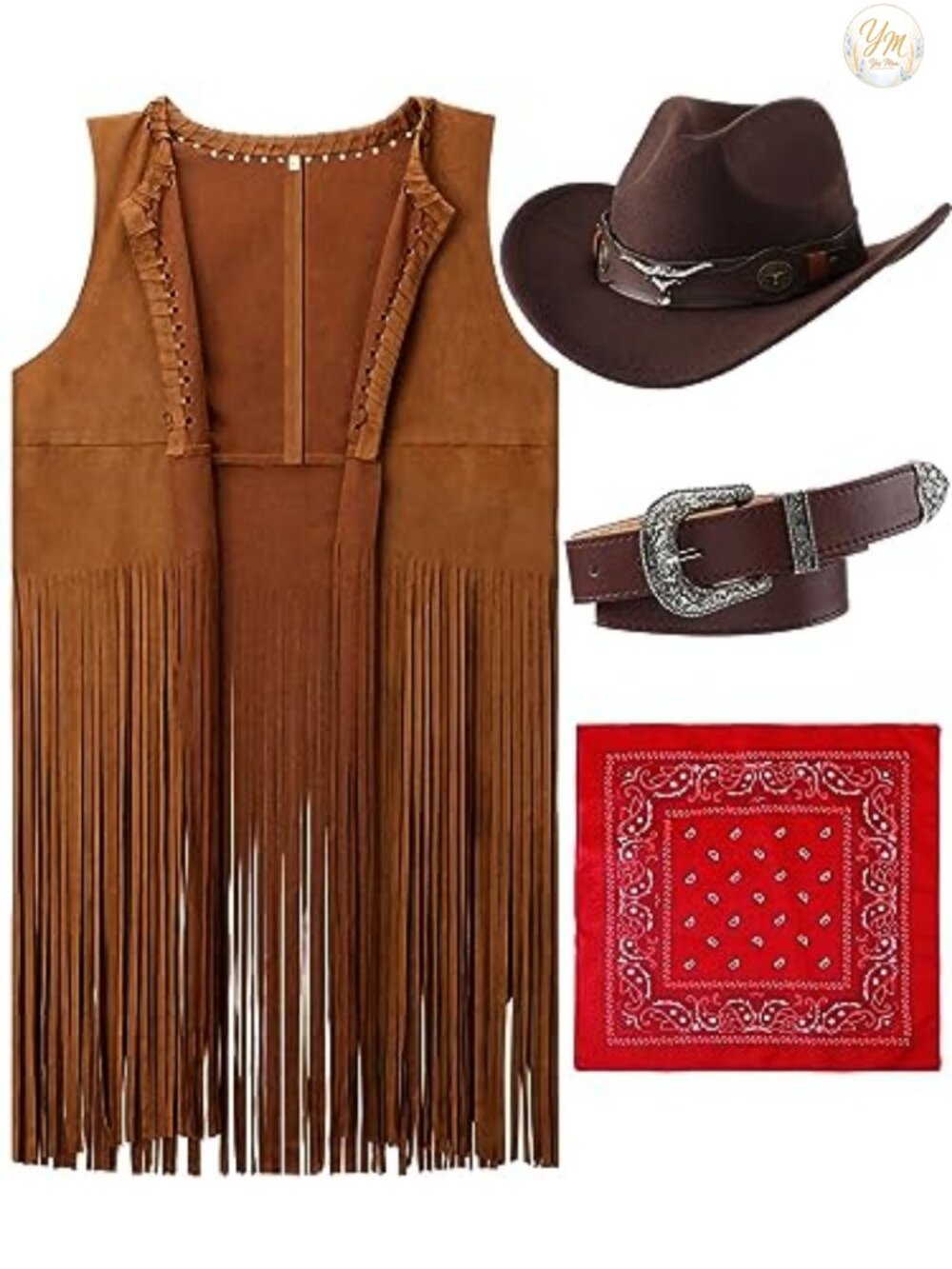 4 Pc Women Cowgirl Costume Set Faux Suede Vest Faux Leather Belt